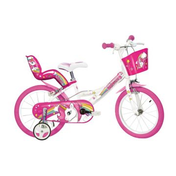 Bicicleta cu pedale, Dino Bikes, Unicorn, Cu roti ajutatoare, Cu cosulet frontal, Cu cosulet pentru papusi, 16 inch, Pana la 60 kg, 5 ani+, Multicolor