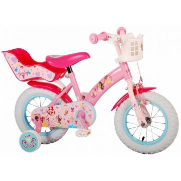 Bicicleta, Volare, Disney Princess, Cu pedale, Cu roti ajutatoare, 12 inch, Cu cosulet frontal, Cu scaunel pentru papusa, 3 ani+, Roz