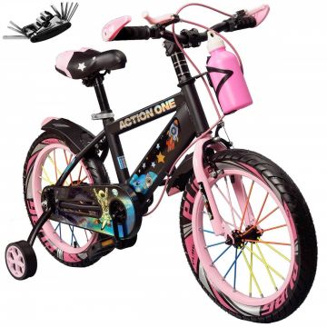 Bicicleta copii cu set de chei inclus, roti ajutatoare si bidon Action One, Cameleon II, 14 inch, Roz