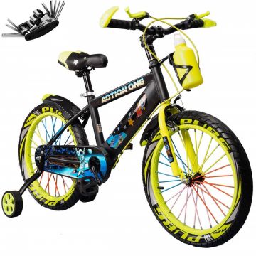 Bicicleta copii cu set de chei inclus, roti ajutatoare si bidon, Action One, Kiddo II, 12 inch, Verde neon