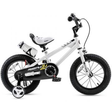 Bicicleta Copii RoyalBaby Freestyle, Roti 14inch, frana U-Brake, cadru otel, roti ajutatoare (Alb)