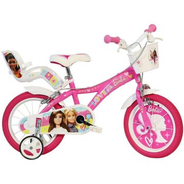 Bicicleta copii, Dino Bikes, Barbie, Roti ajutatoare, Cosulet frontal, Scaunel pentru papusi, 16 inch, Cadru din otel, Pana la 125 cm, Pink